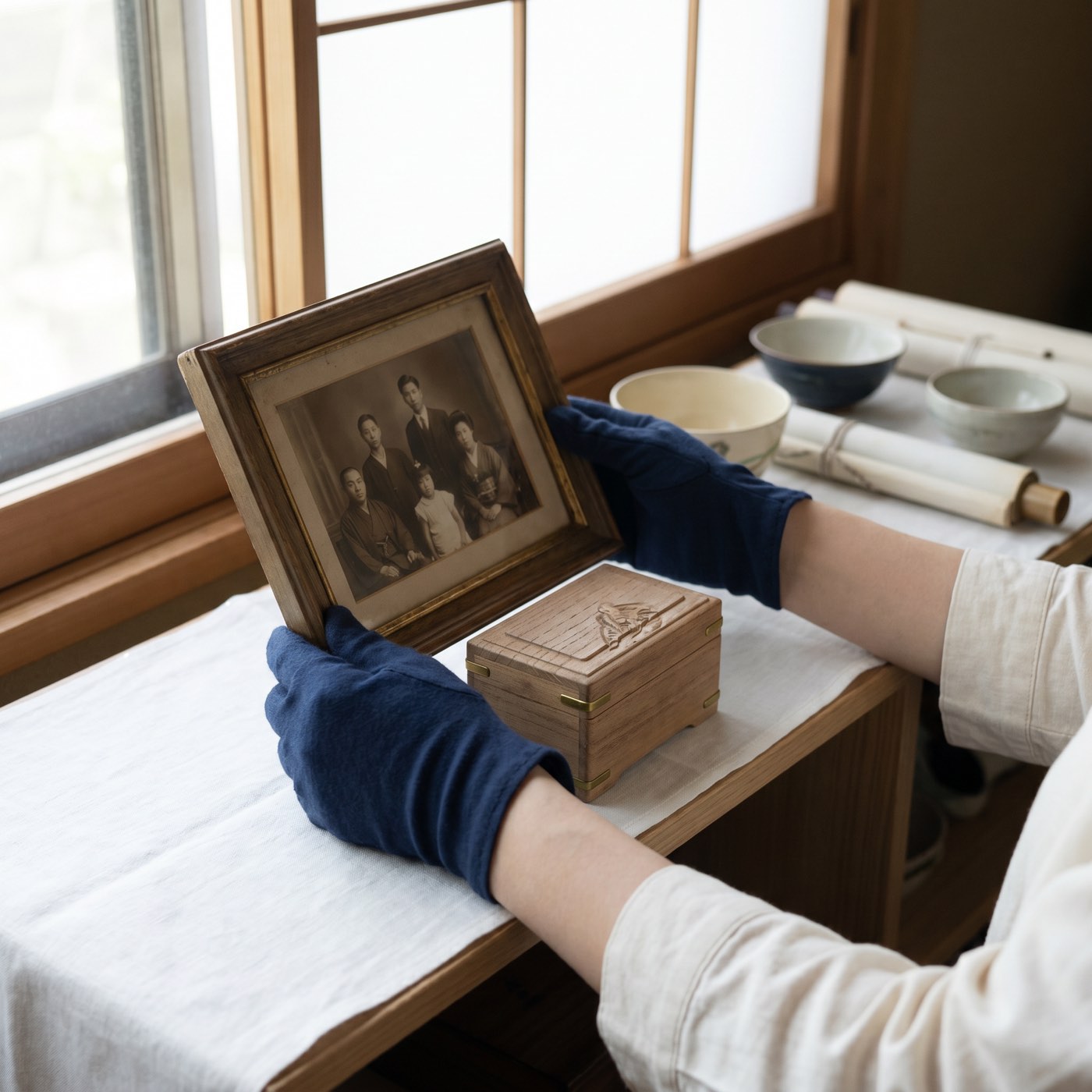 ご遺品の写真立てと思い出の品を丁寧に扱うクリーンライフ ウイングのスタッフ