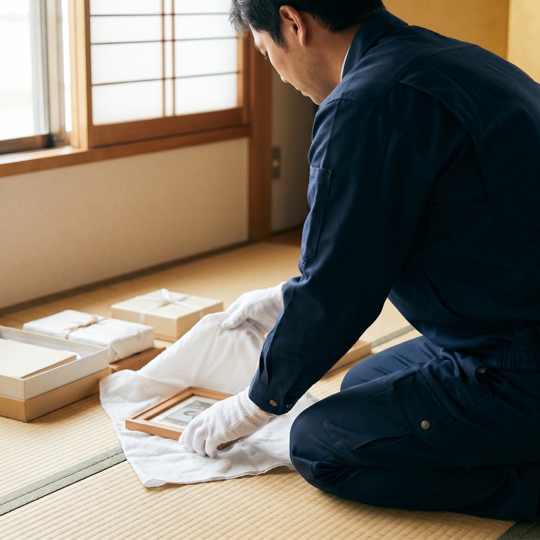 千葉県松戸市の遺品整理 クリーンライフ ウイング 思い出のお品を白布で包むスタッフ