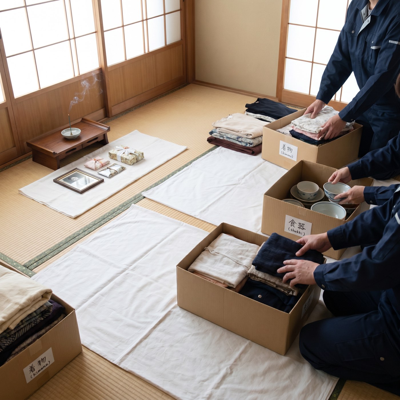 遺品整理 ご遺品を分類して丁寧に整理する様子